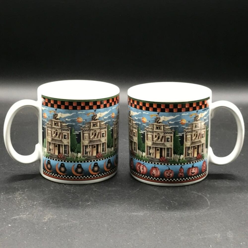 2 Vintage Sakura Debbie Mumm Stoneware Halloween Cat Crescent Moon Pumpkins Mugs